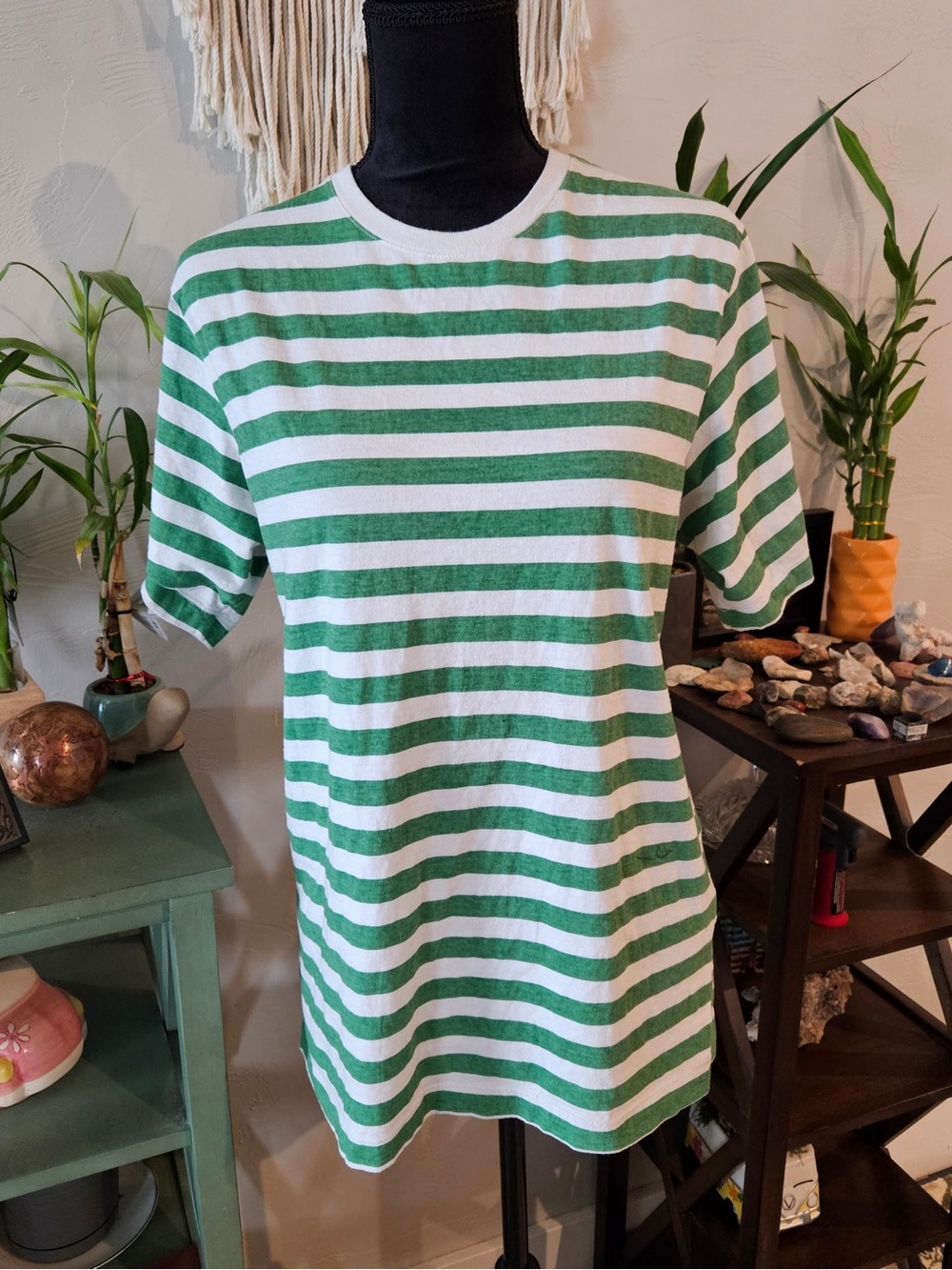 Basic Editions Green and White Striped Short Sleeve Crewneck Tee